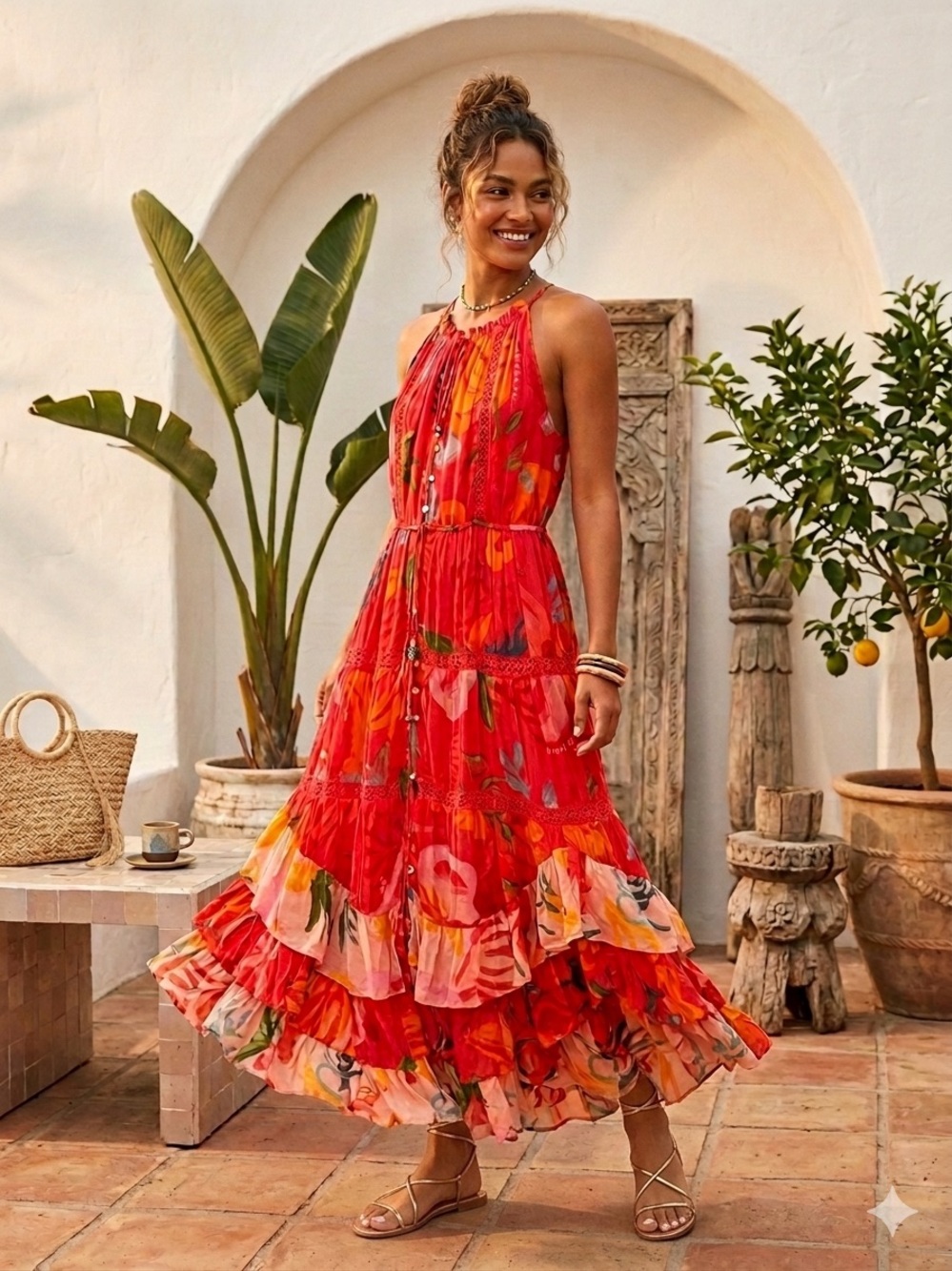 Like New ✨ FARM Rio Red Mixed Fruits Ocean Halter Maxi Dress - Size Medium